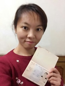 Gao Yichen with her passport and visa - ready to go!